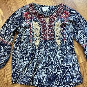 Sigrid Olsen Navy Printed Tunic with Red and Cream Embroidery